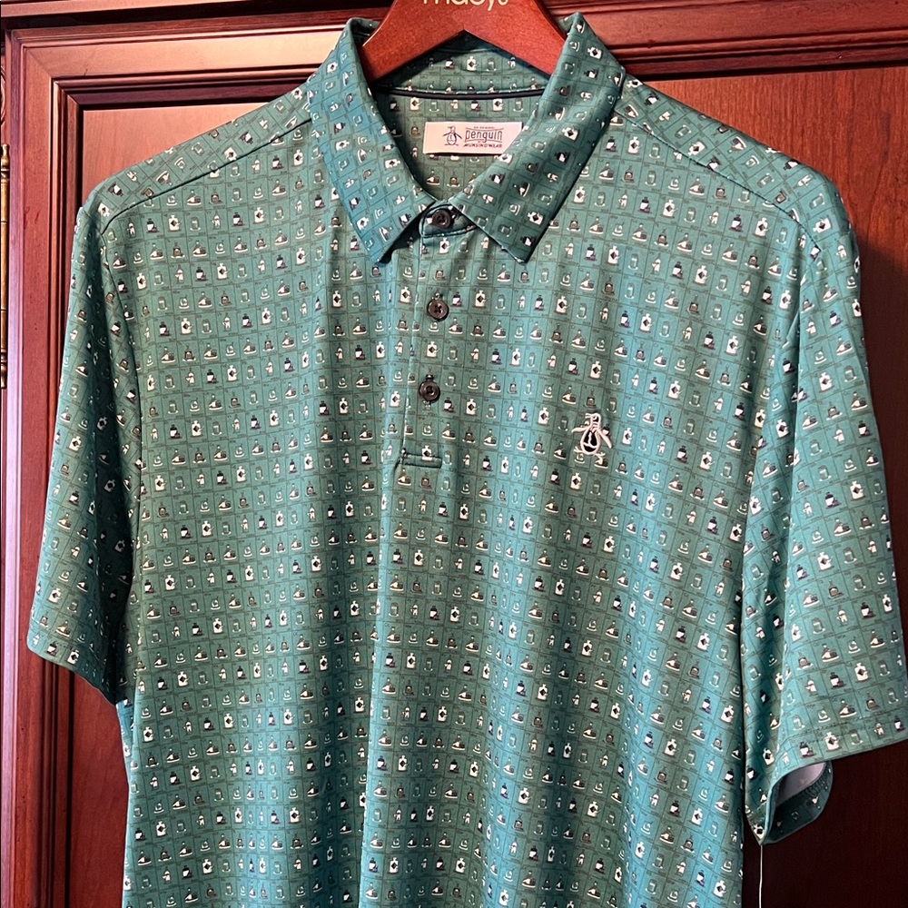 Brand New Original Penguin Sports Stretch Green Patterned Quick Dry Golf Polo!